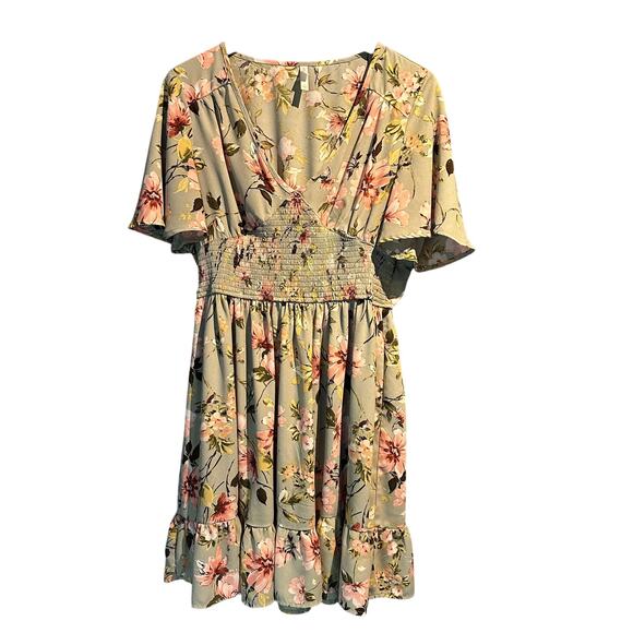 Cottage Femme Xhiliration Dress Green Floral Short Sleeve Pockets Size Large - Picture 1 of 8